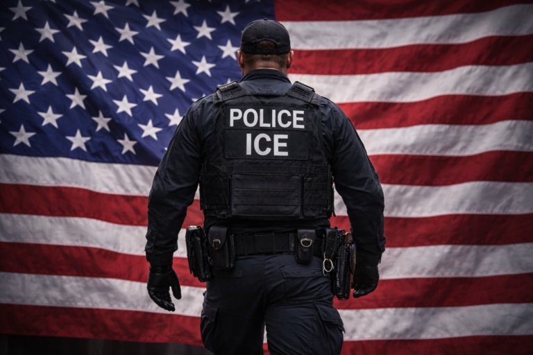 ICE officer with an American flag background, representing Redadas ICE operations.